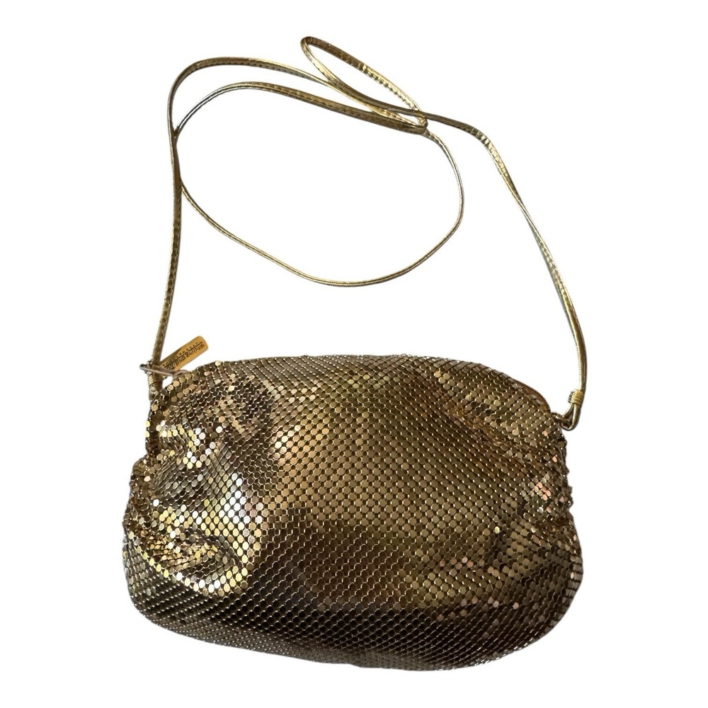 Whiting & Davis Gold Tone Metal Mesh Shoulder Bag Zip Top Vintage Evening‎ Purse